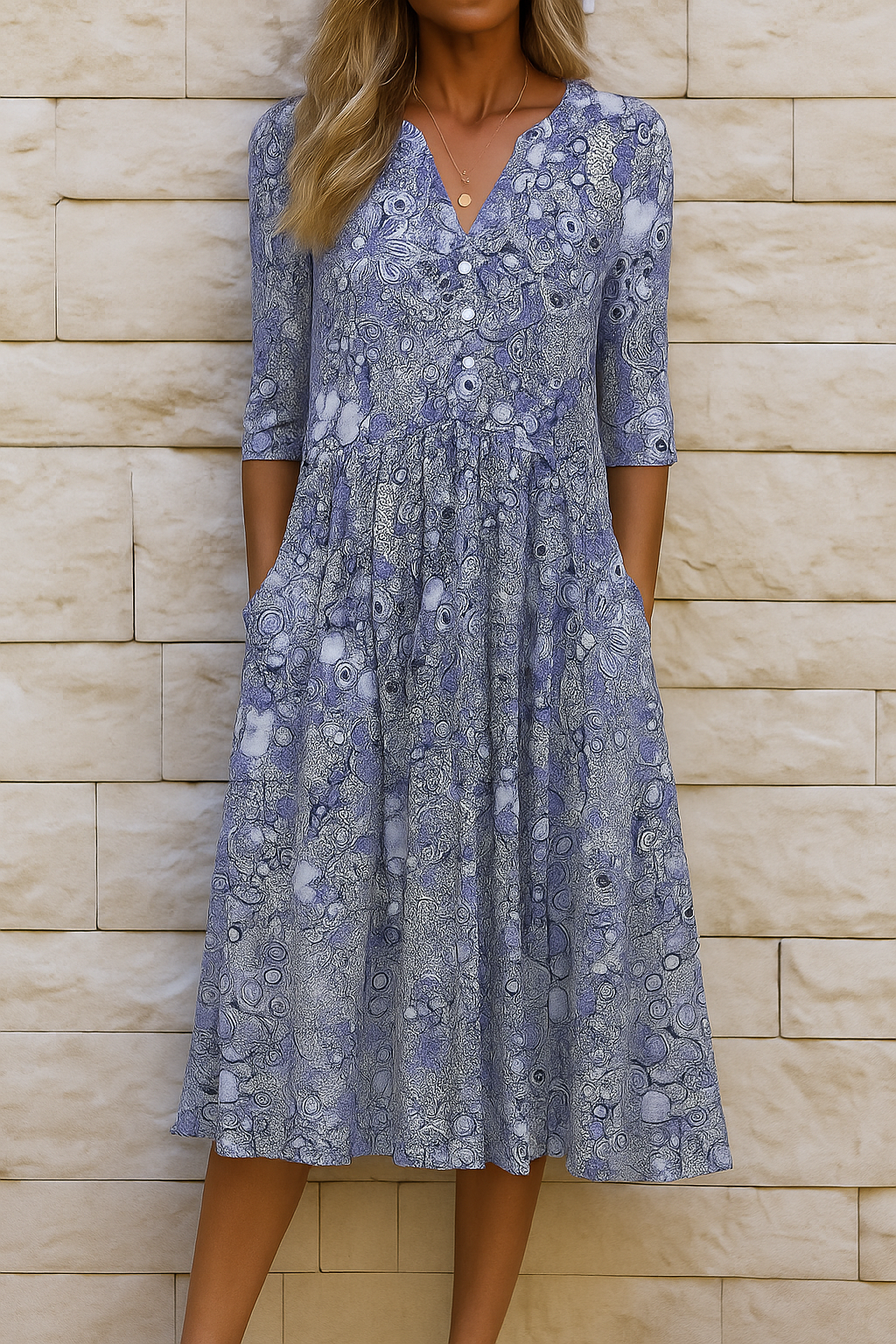 ROMY | Flatterende Midi Jurk met Artistieke Print en Zijzakken